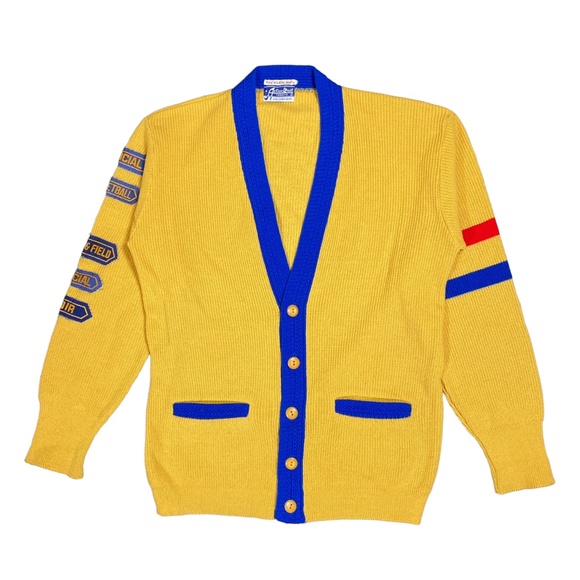 Vintage 60s Varsity Collegiate High School Yellow Knit Cardigan Mens Medium - Picture 1 of 8